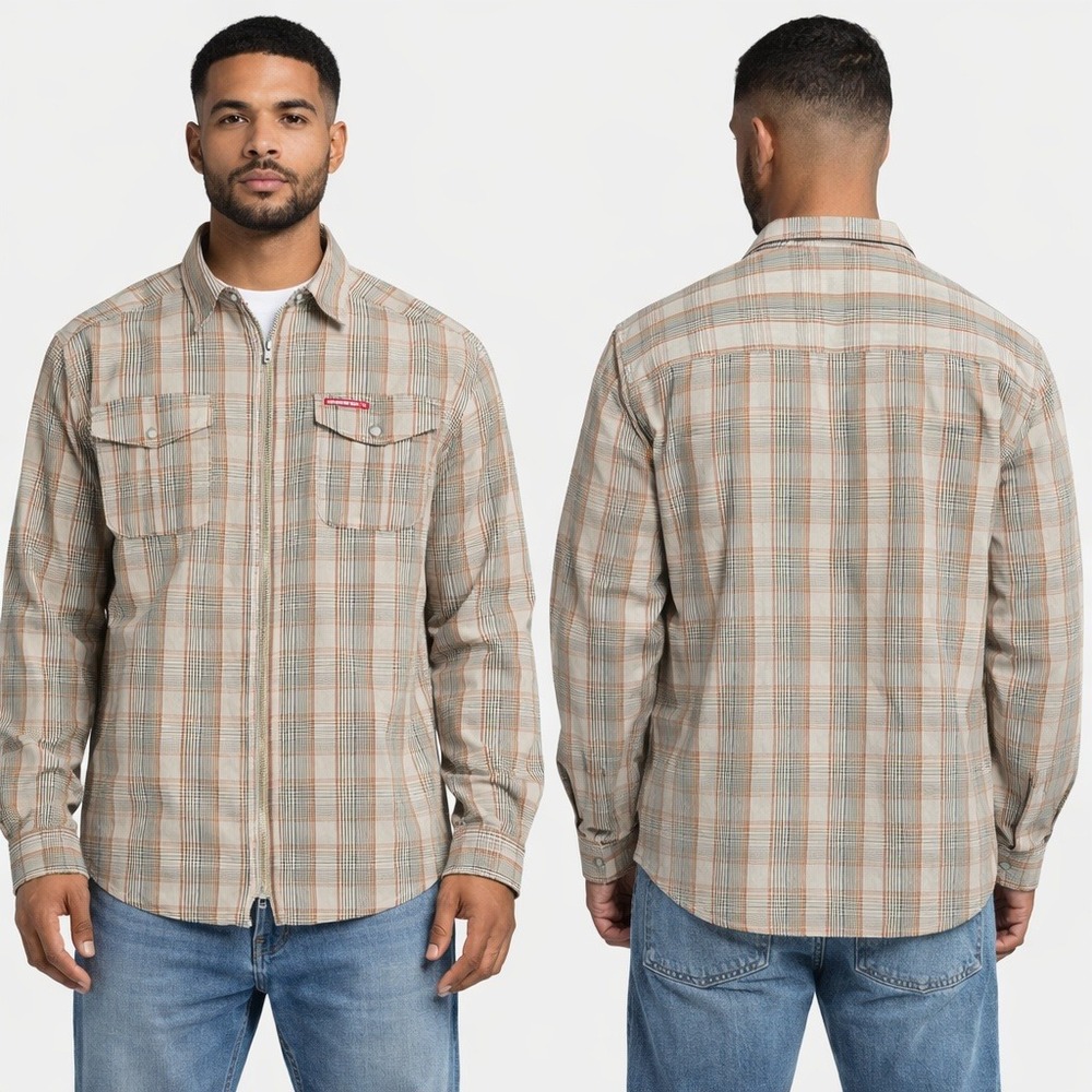 Ecko Unltd Mens XL Full Zip Button Down Shirt Plaid Long Sleeve Utility Cotton